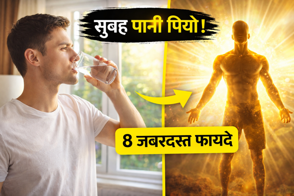 Man drinking water with benefits highlighted